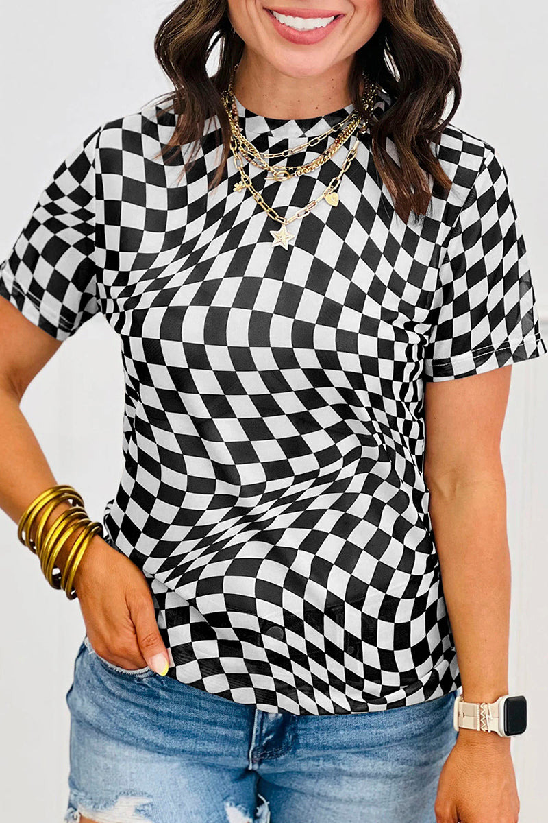 Checkered Print Mock Neck T-Shirt