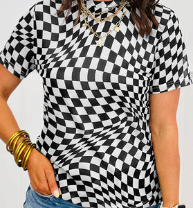 Checkered Print Mock Neck T-Shirt