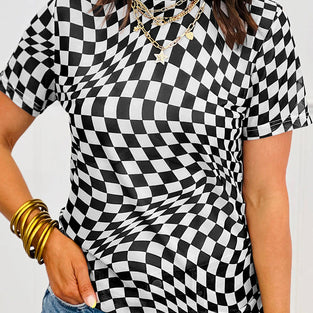 Checkered Print Mock Neck T-Shirt