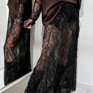 Sheer Lace Overlay Midi Skirt