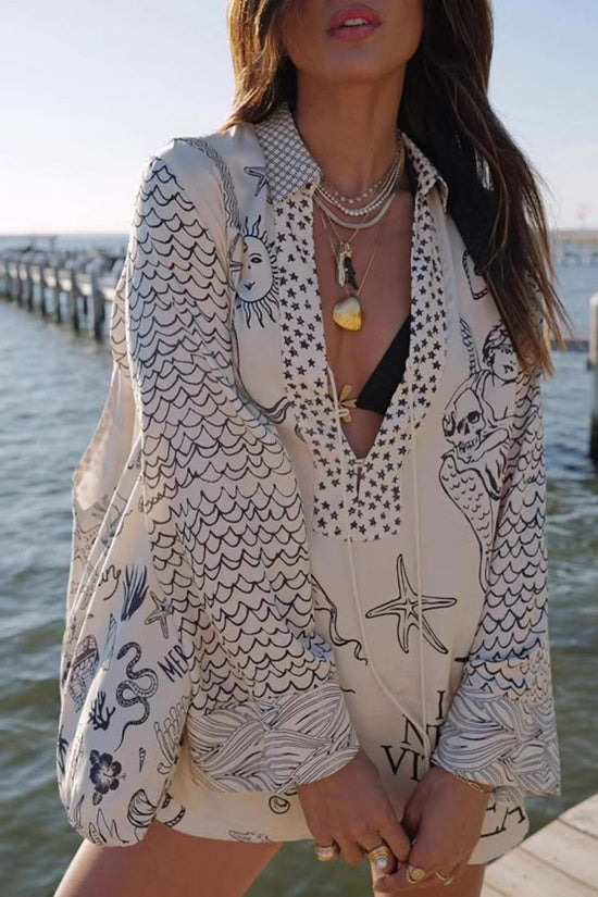 Beach-Themed Printed Shirt and Shorts Set