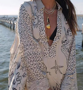 Beach-Themed Printed Shirt and Shorts Set