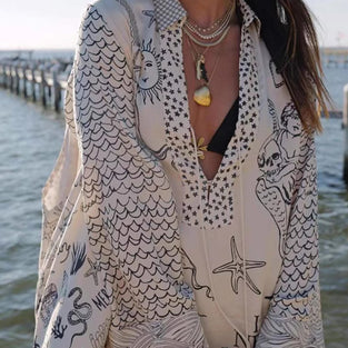 Beach-Themed Printed Shirt and Shorts Set