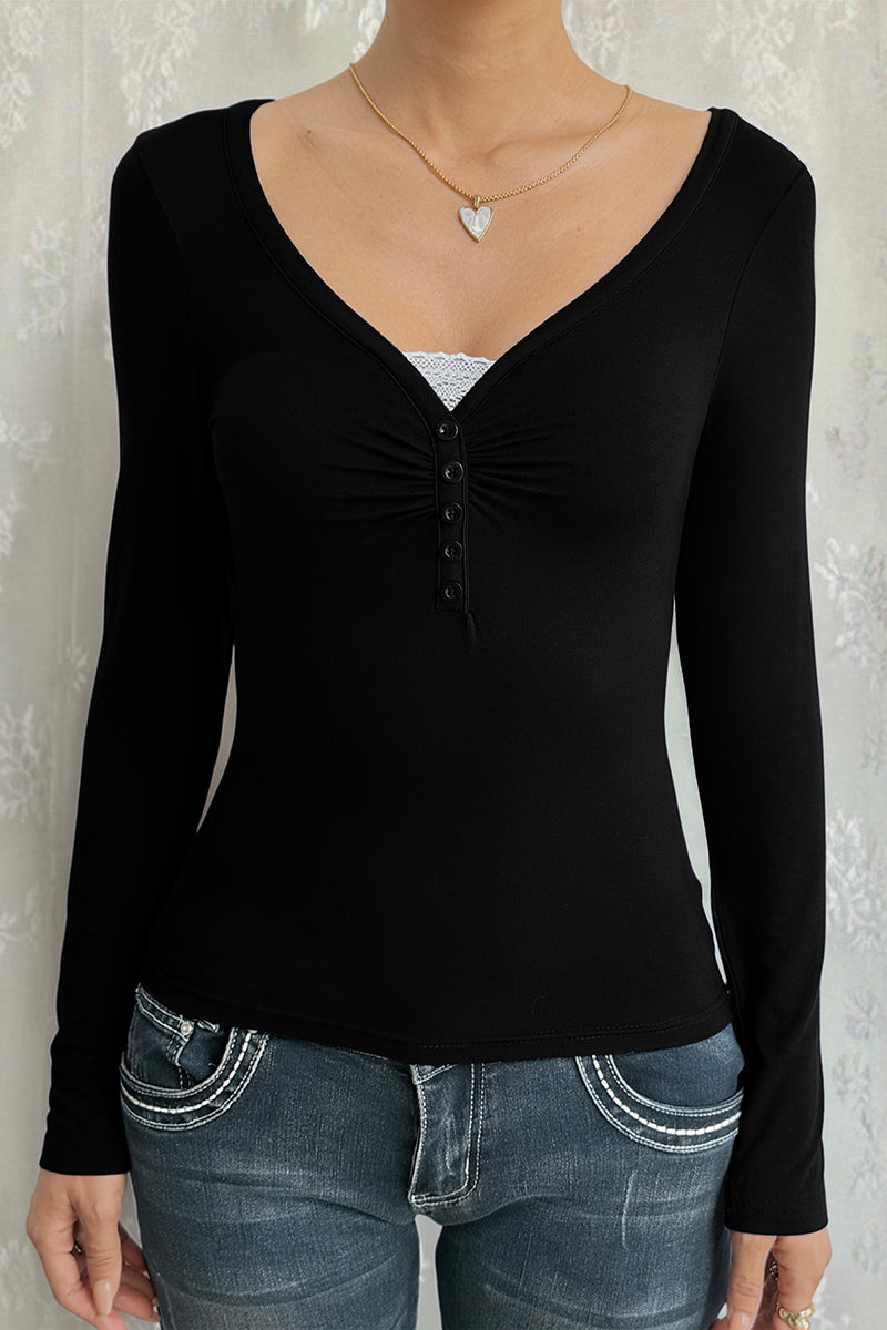 V-Neck Buttoned Long Sleeve Top