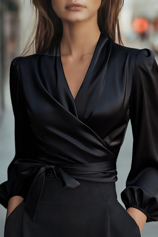 Sleek Wrap Blouse with Puff Sleeves