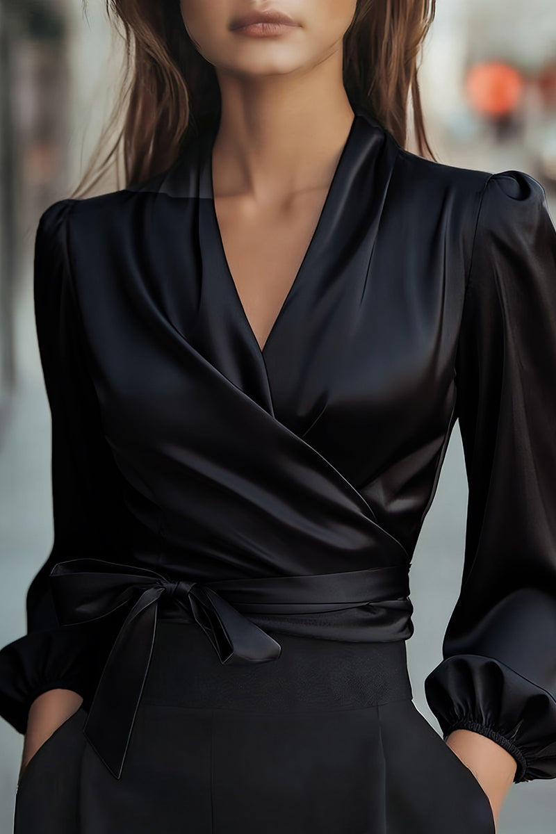 Sleek Wrap Blouse with Puff Sleeves