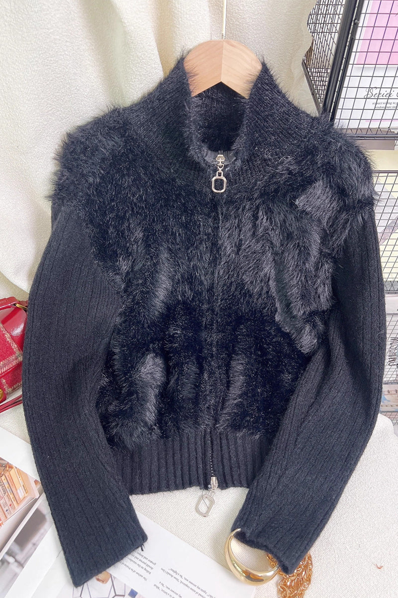 Zip-Up Mock Neck Fuzzy Cardigan