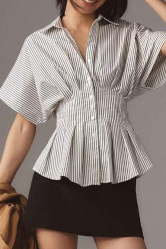Striped Pleated Button-Up Blouse