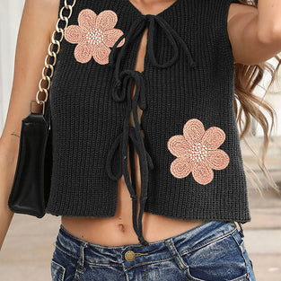 Floral Print Tie-Front Knit Vest
