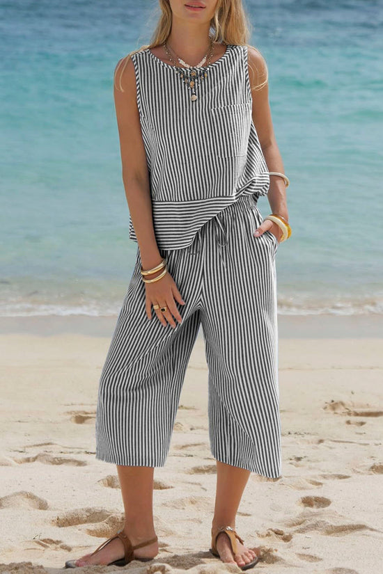 Striped Sleeveless Peplum Pants Set