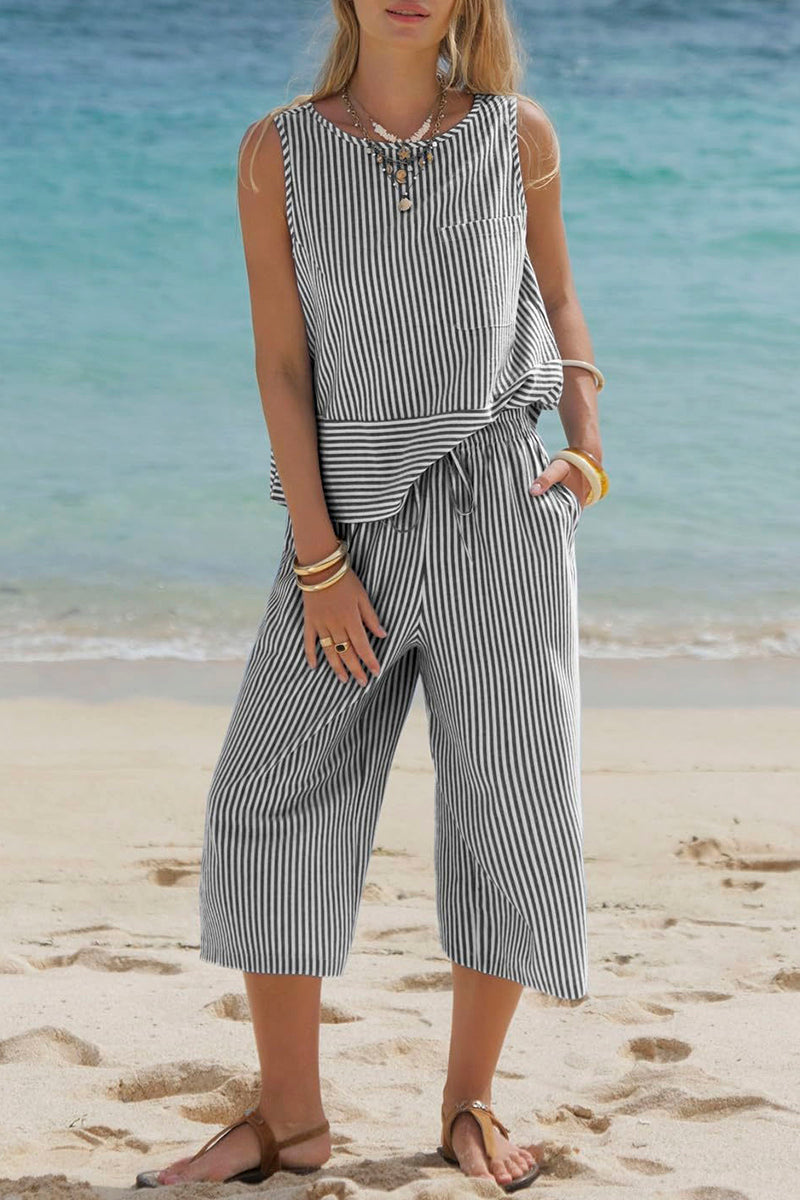 Striped Sleeveless Peplum Pants Set