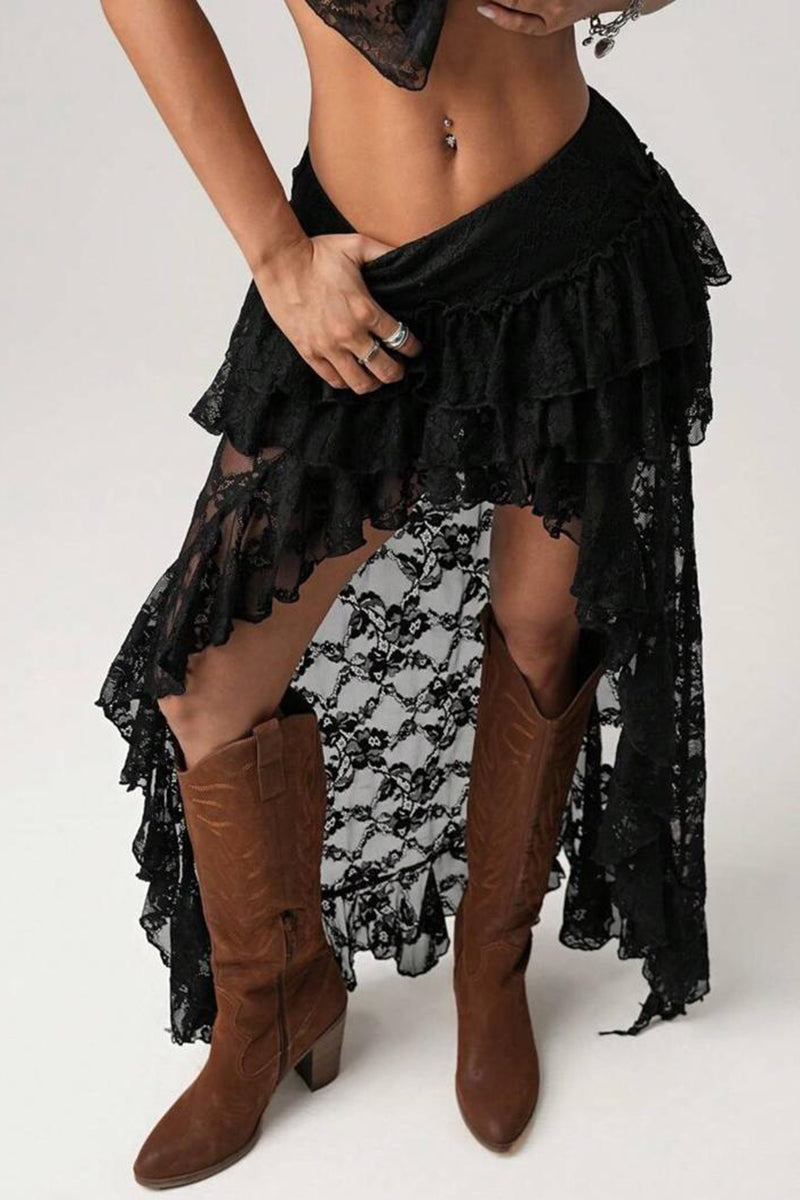 Ruffled Asymmetrical High Low Skirt