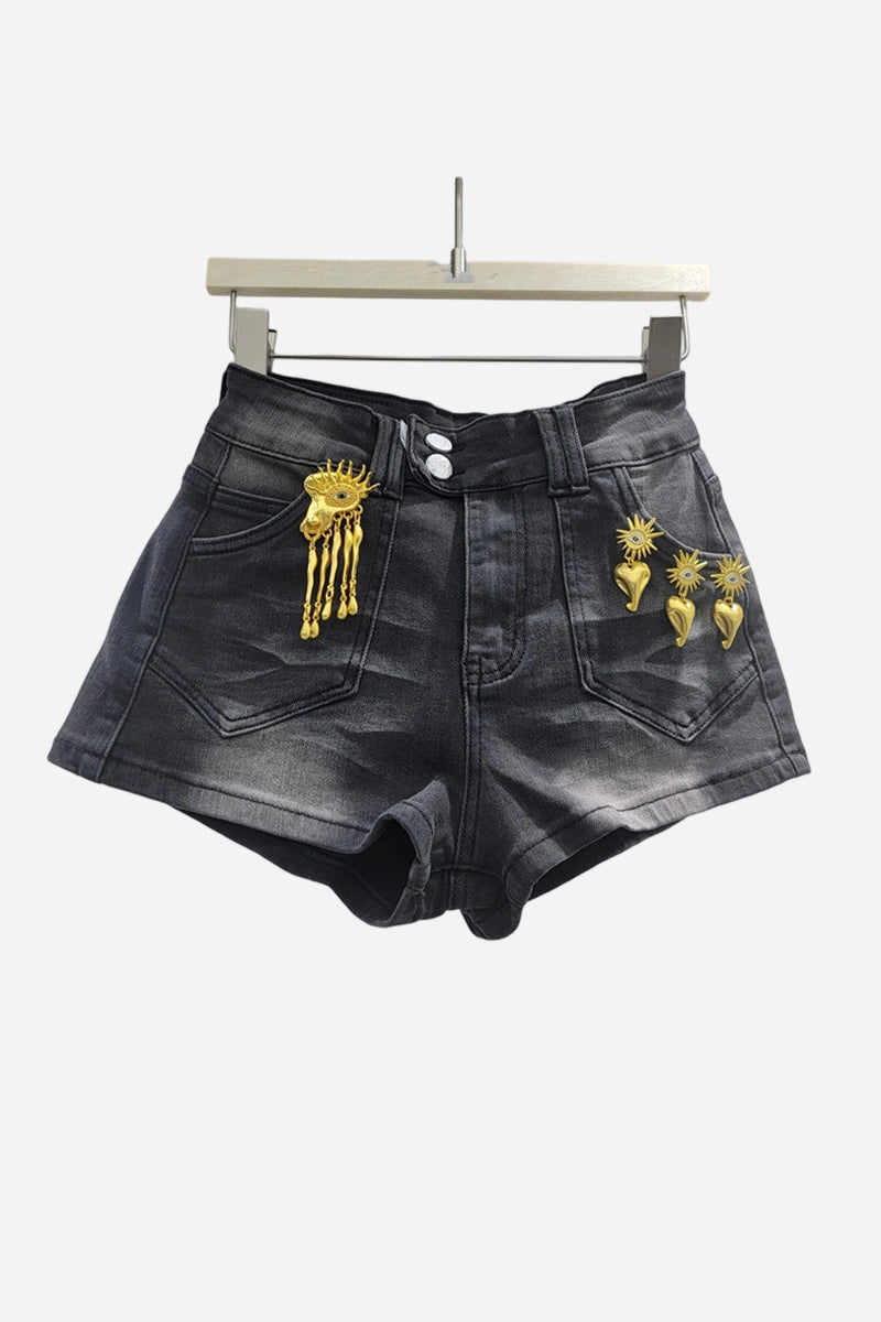 Embellished Low Waist Denim Shorts
