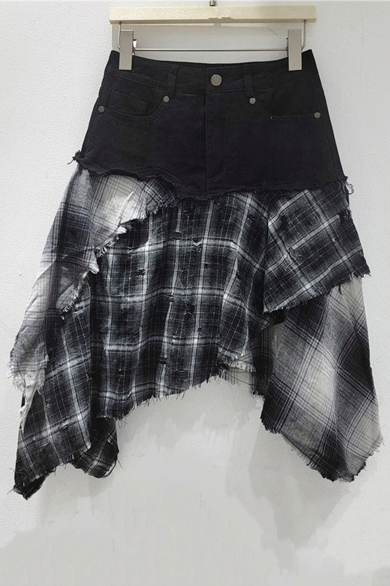 Distressed Plaid Layered Midi Skirt