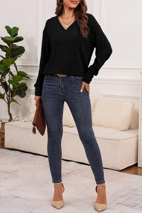 V-Neck Button Sleeve Ribbed Knit Top