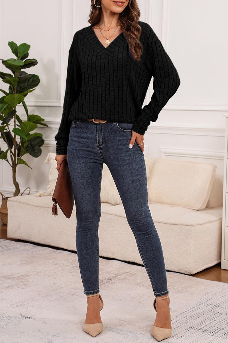 V-Neck Button Sleeve Ribbed Knit Top