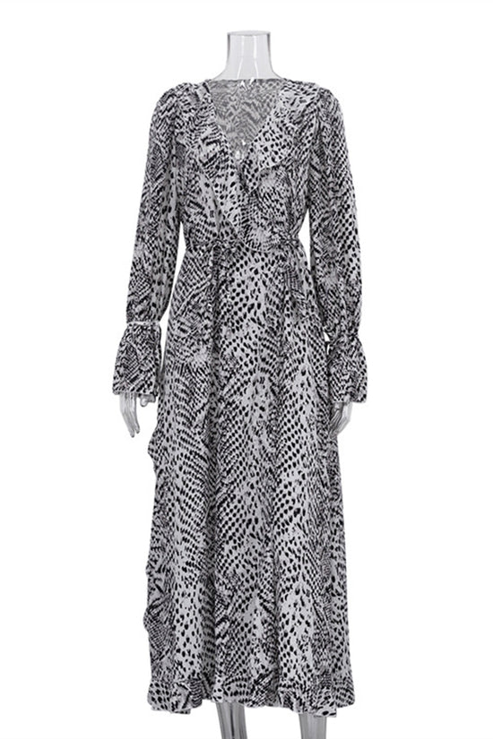 Printed Long Sleeve Wrap Dress