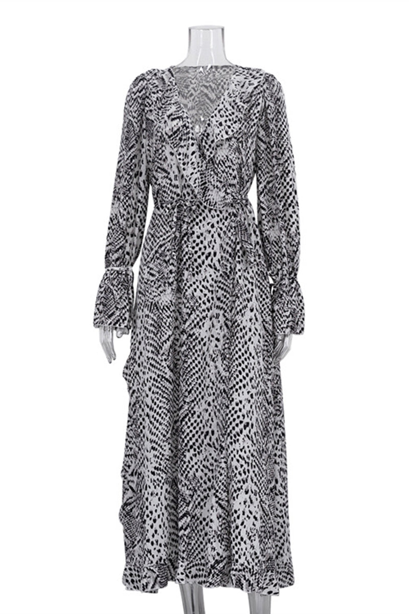 Printed Long Sleeve Wrap Dress