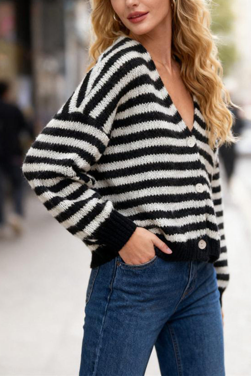 Striped V-Neck Button-Front Cardigan
