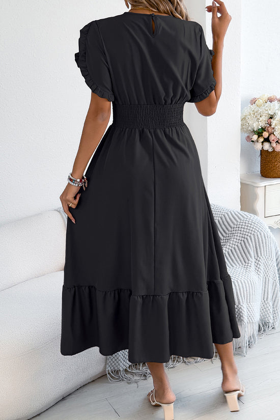 Ruffled Short Sleeve Casual Midi Dress