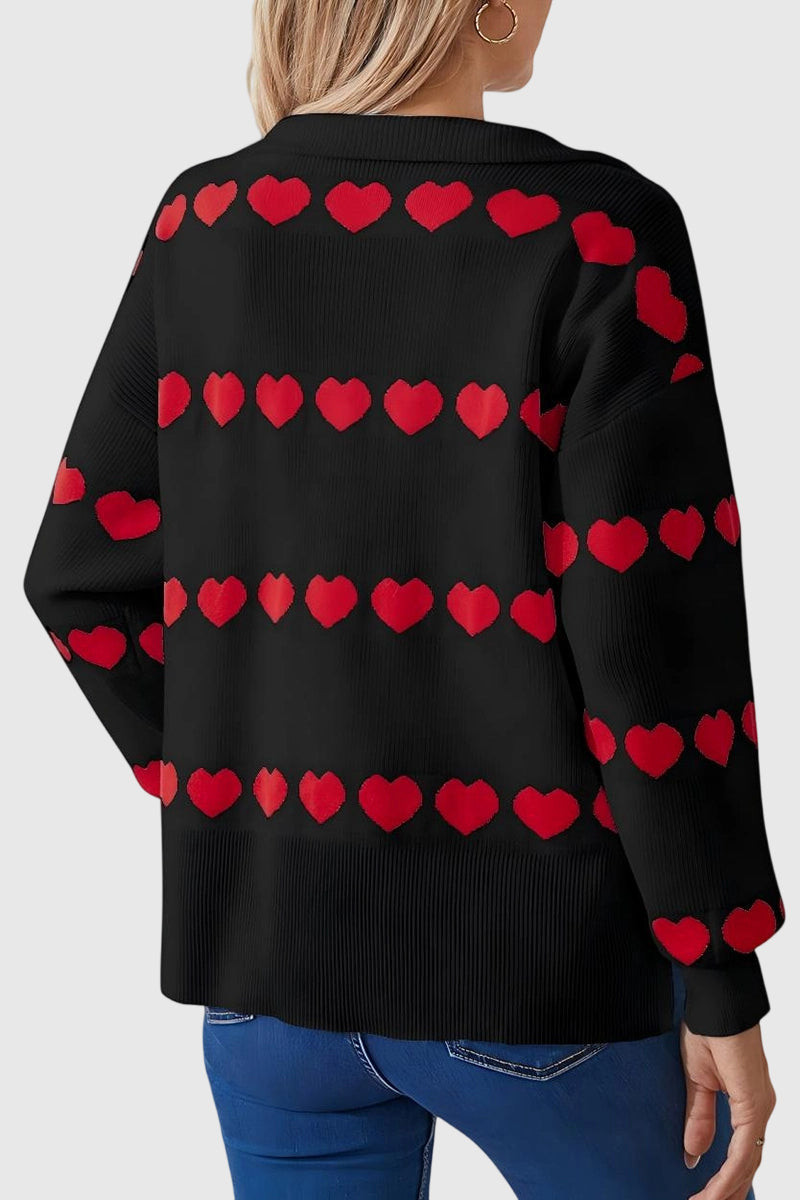 Heart Pattern Zip-Up Sweater