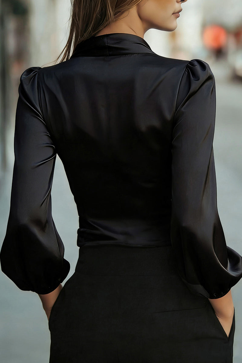 Sleek Wrap Blouse with Puff Sleeves