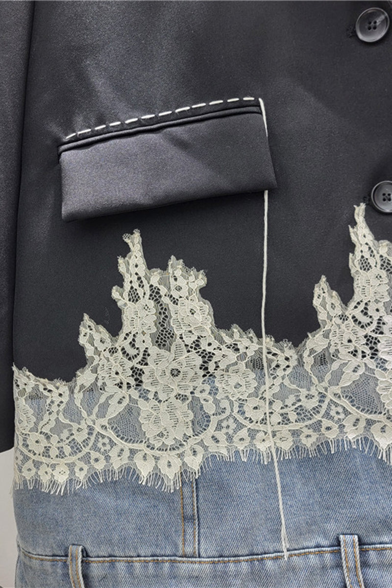 Lace Hem Denim Blazer Jacket