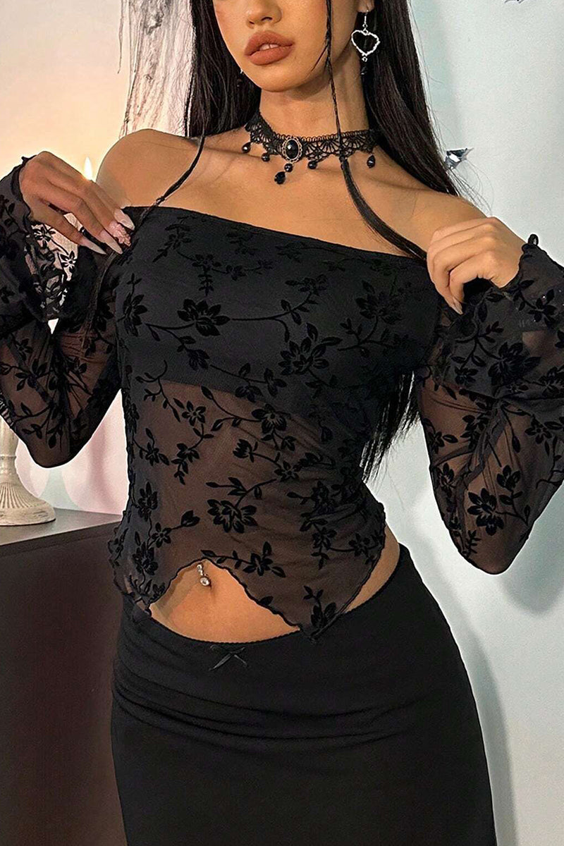Floral Off-Shoulder Sheer Bodycon Top