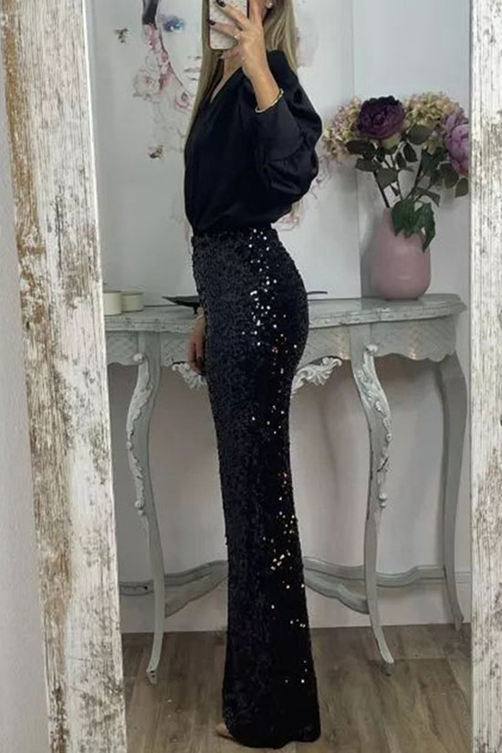Sparkling Sequin High-Waist Casual Pants
