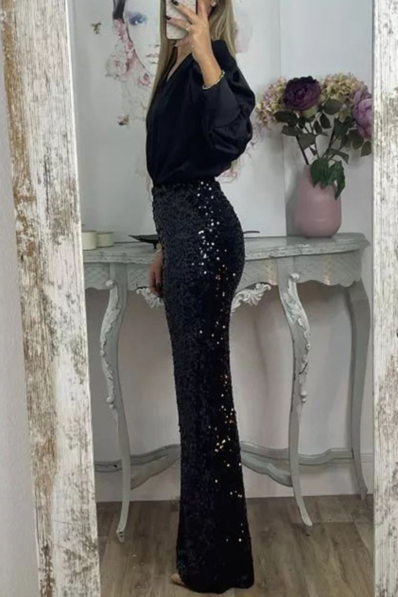 Sparkling Sequin High-Waist Casual Pants