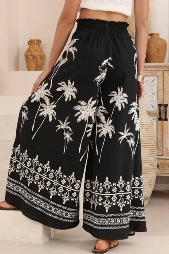 Tropical Print Wide-Leg Casual Pants