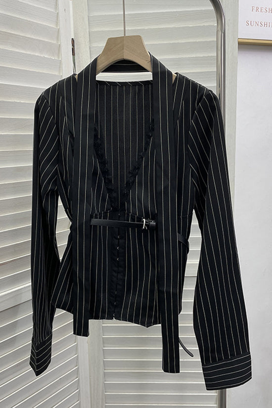 Striped Lace Belted Shirt Blouse