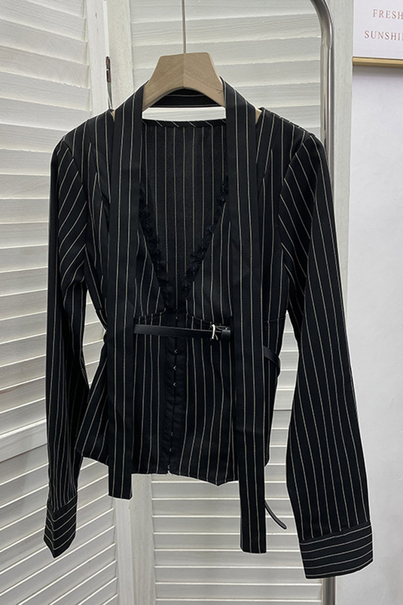 Striped Lace Belted Shirt Blouse