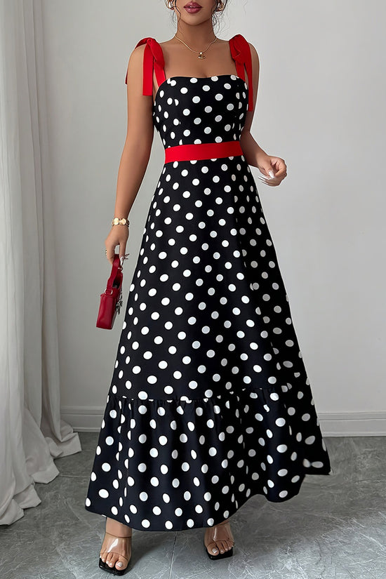 Polka Dot Contrast Trim Tie Shoulder Dress