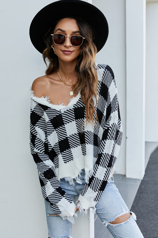 Distressed Plaid V-Neck Sweater