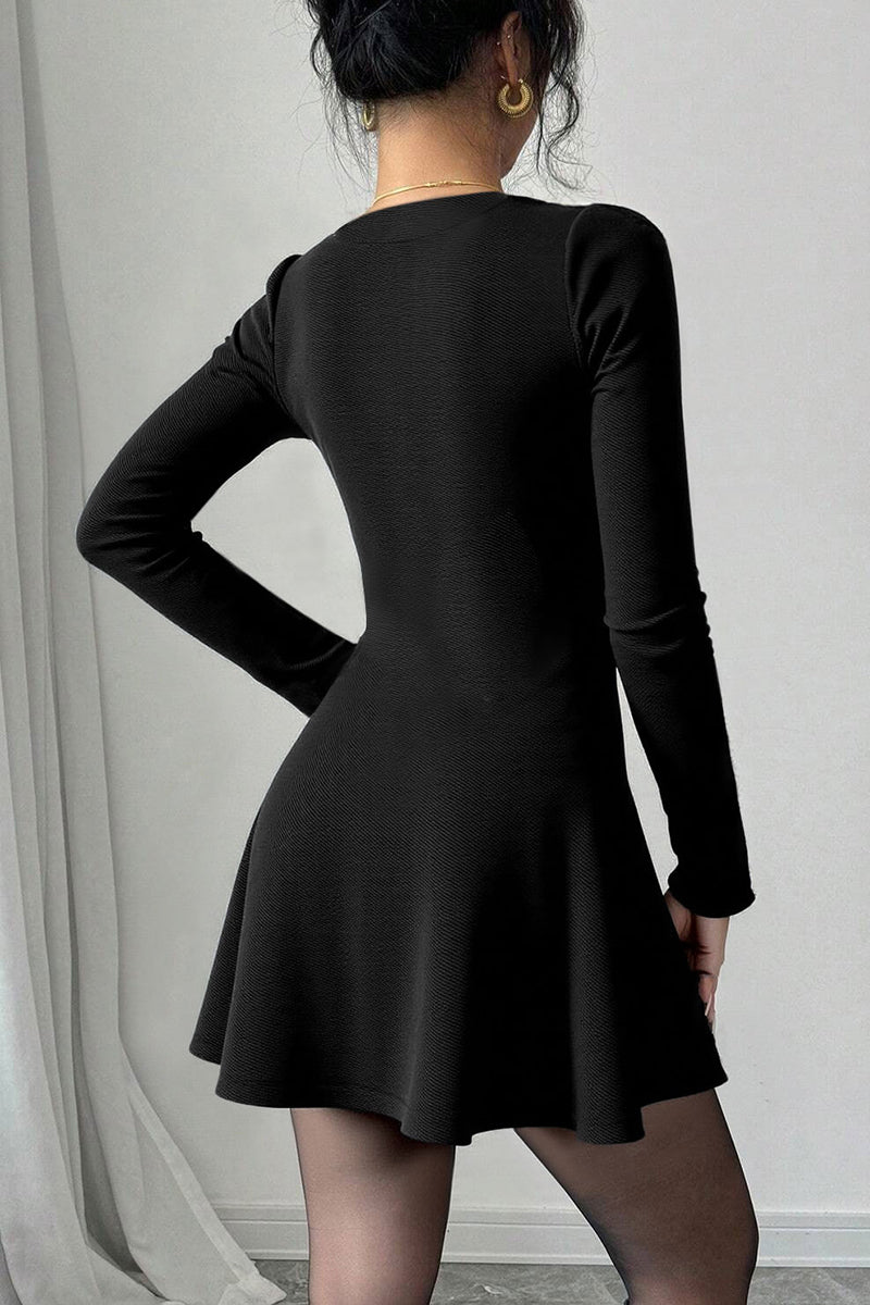 V-Neck Button Front Flared Casual Dress