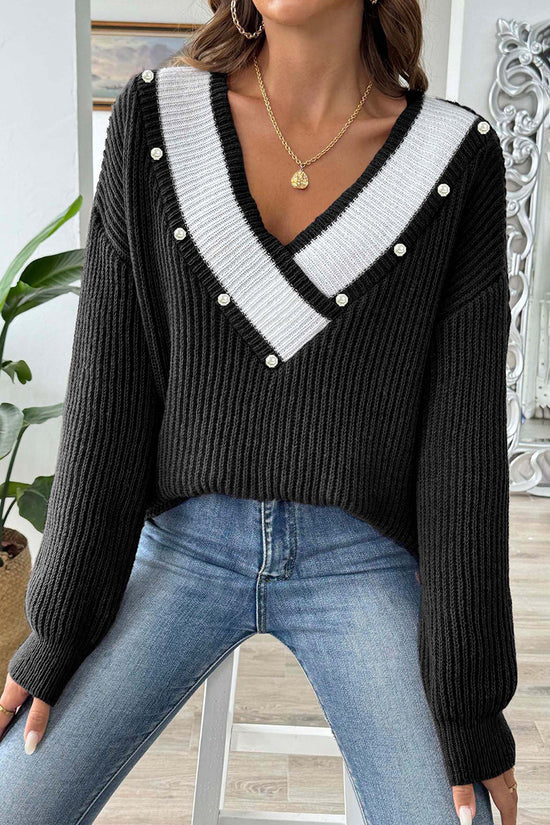 V-Neck Pearl Accent Sweater