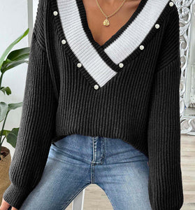V-Neck Pearl Accent Sweater