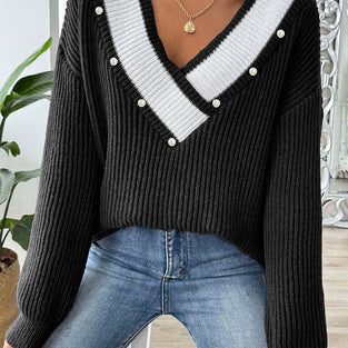 V-Neck Pearl Accent Sweater