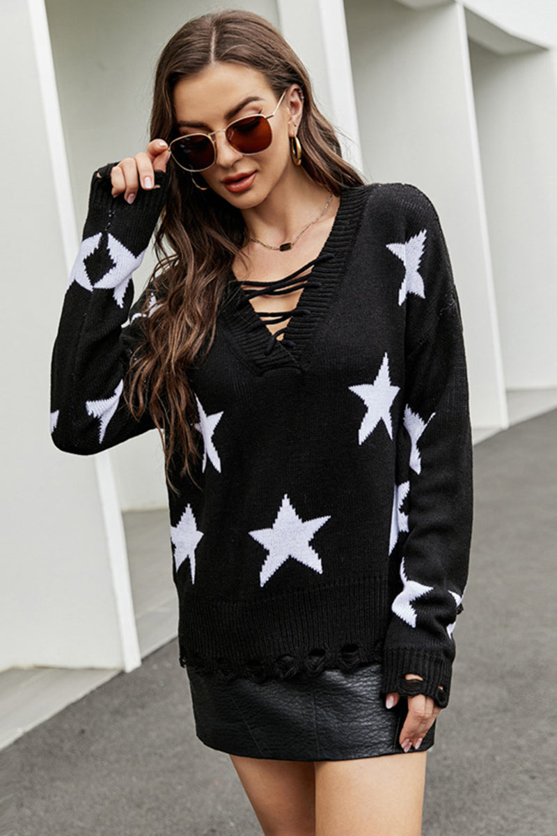 Star Pattern Lace-Up Sweater