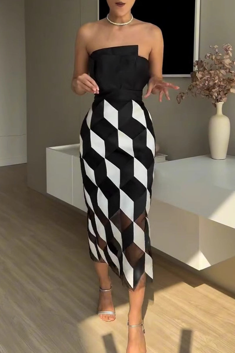 Geometric Strapless Midi Dress