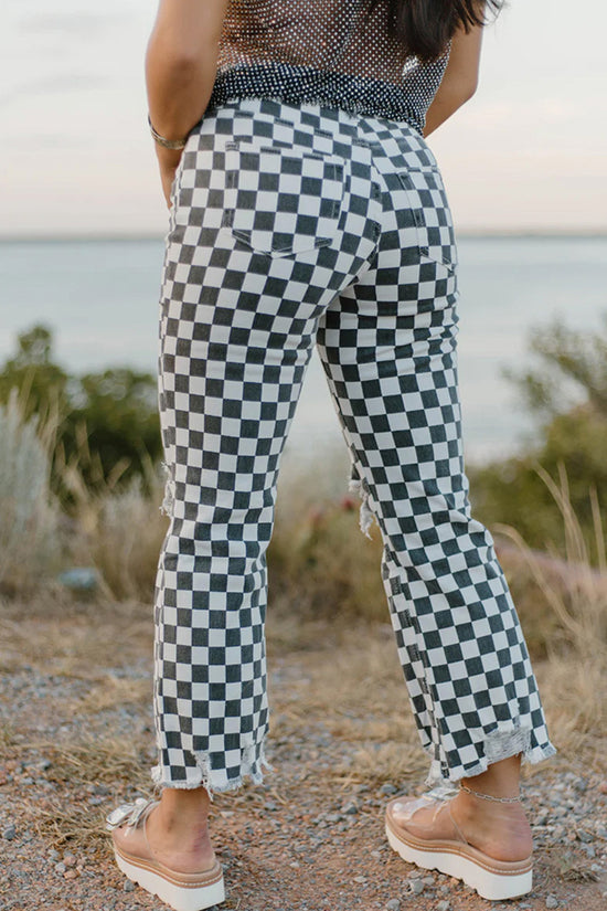 Checkered Distressed Straight Jeans