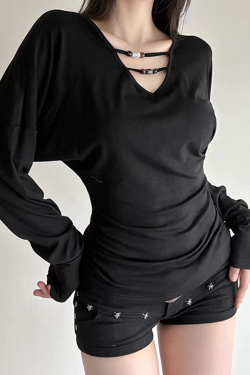 Strappy Neck Long Sleeve Bodycon Top