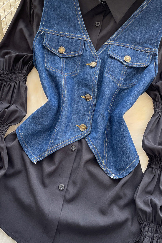Denim Vest and White Blouse Set