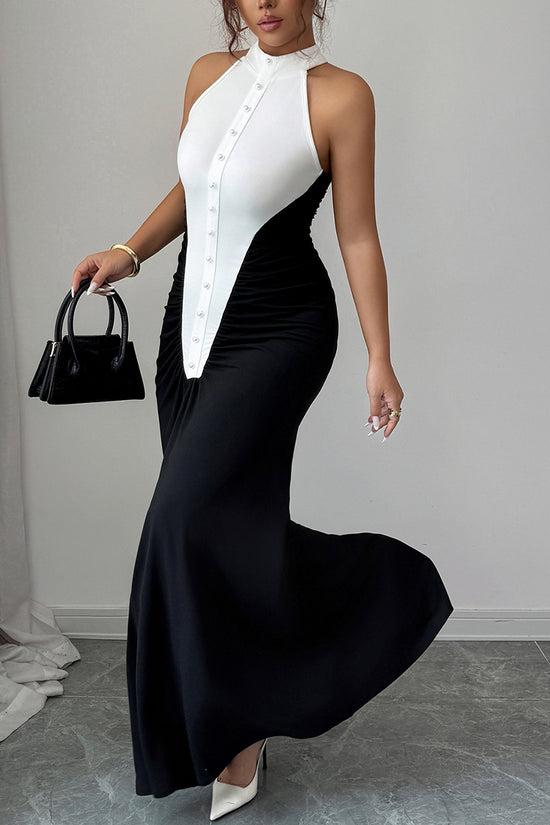 Two-Tone Halter Maxi Dress with Button Details