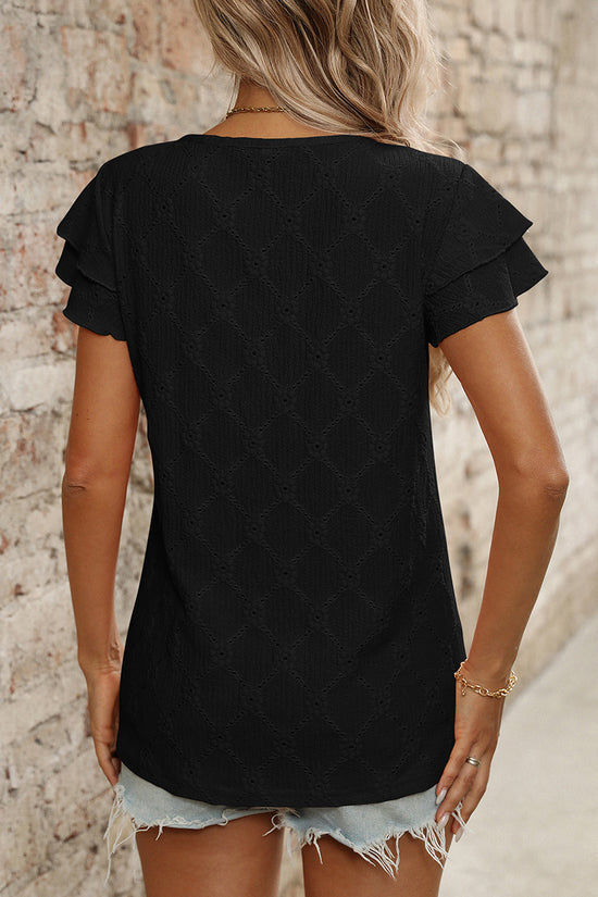 Ruffled Sleeve Eyelet T-Shirt