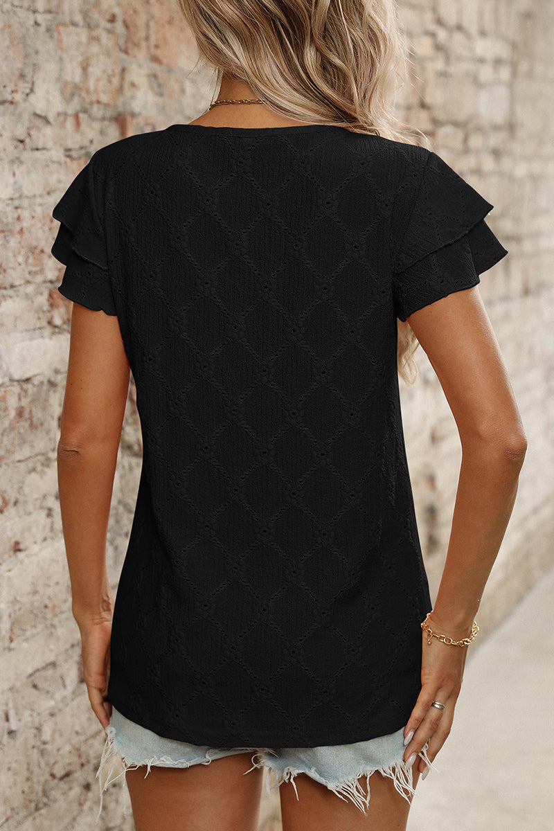 Ruffled Sleeve Eyelet T-Shirt