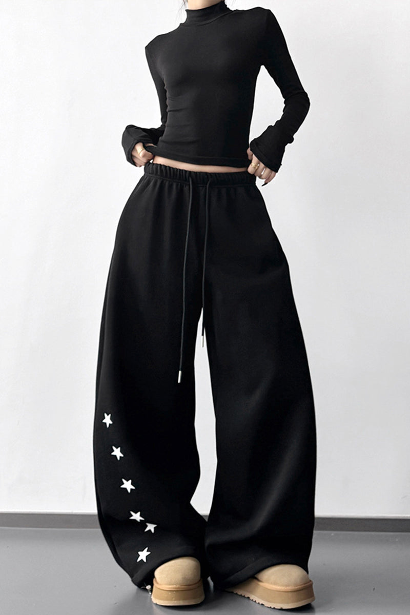 Star Embellished Wide-Leg Casual Pants