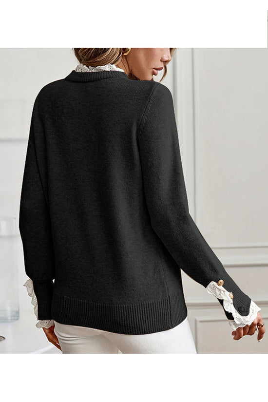 Elegant Lace Trim Sweater with Button Cuffs