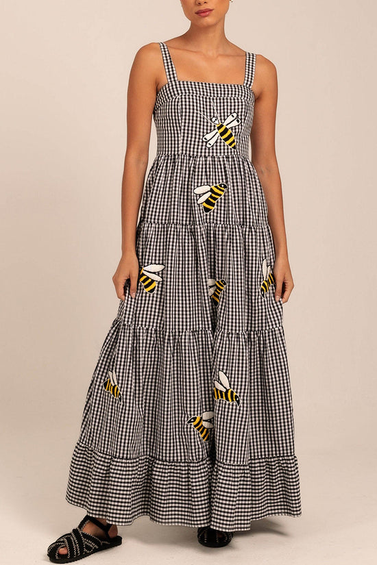 Plaid Bee Print Maxi Dress